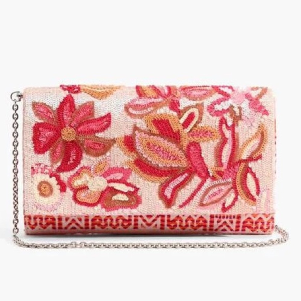America & Beyond Beaded Clutch NWT • Pink Floral Embellished Bag • Crossbody